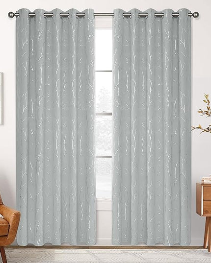 BUHUA Blackout Curtains for Bedroom and Living Room, 84 Inches Long, Thermal Insulated Drapes, 2 Panels with Tree Branches Design - 66W x84L Inch, Silver Grey, Set of 2
