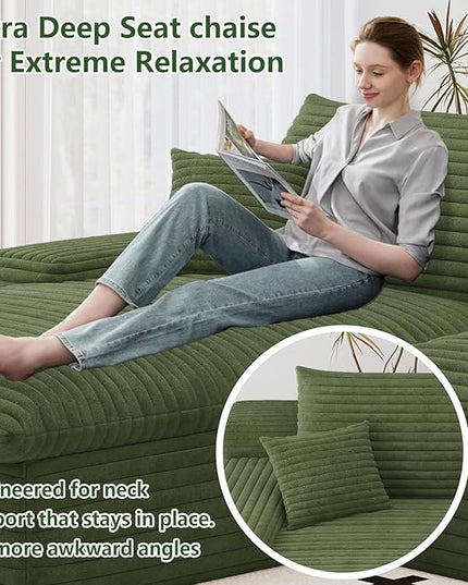 136" Cloud Couch Modular Sectional Sofa for Living Room, U-Shape Boneless Couch with Deep Seat, Modern Corduroy 4-Seater with Ottoman, No Assembly Required (Green,Left-Facing Chaise)