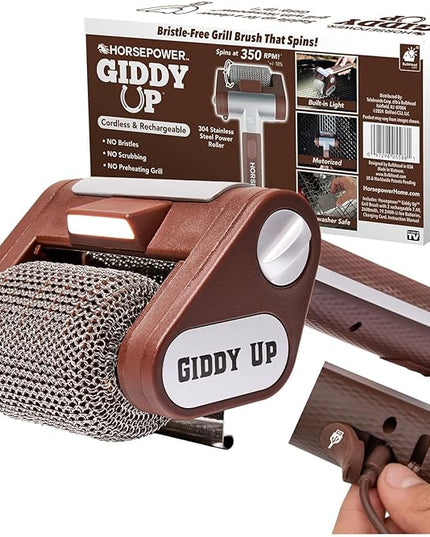 HorsePower Giddy Up Grill Cleaner AS SEEN ON TV! – Cordless, Rechargeable BBQ Tool with 350 RPM Stainless Roller, LED Light – Patents Pending – From BulbHead, a Family-Owned American Brand