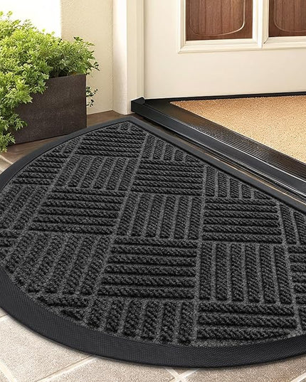 Smiry Half Circle Front Door Mat Outside Entrance, Heavy Duty Outdoor Indoor Natural Rubber Doormat, Non Slip, Trap Dirt and Moisture, Easy Clean, Low Profile Patio Porch Entryway Mat, 29.5x17, Black