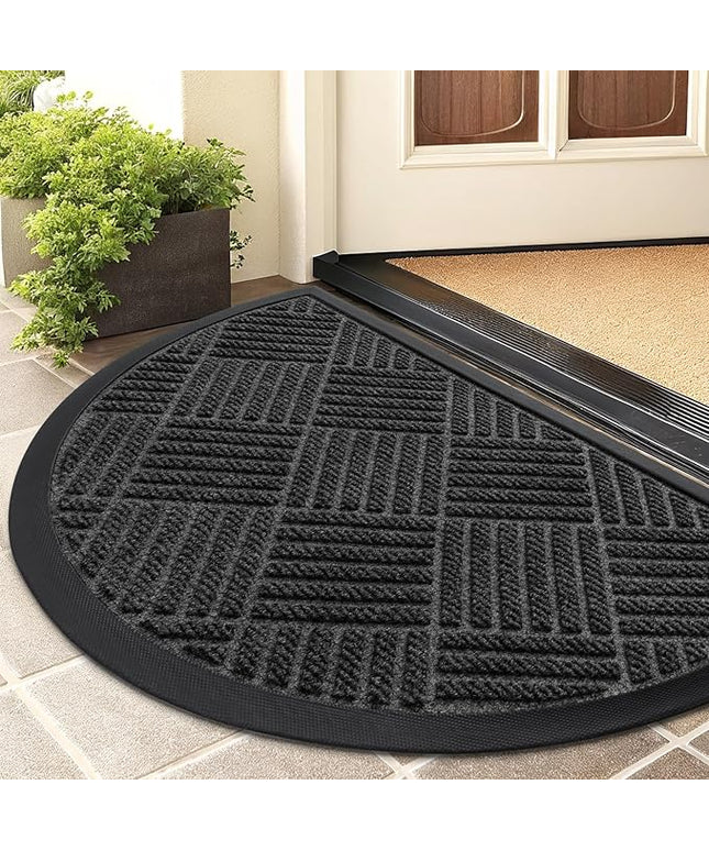 Smiry Half Circle Front Door Mat Outside Entrance, Heavy Duty Outdoor Indoor Natural Rubber Doormat, Non Slip, Trap Dirt and Moisture, Easy Clean, Low Profile Patio Porch Entryway Mat, 29.5x17, Black