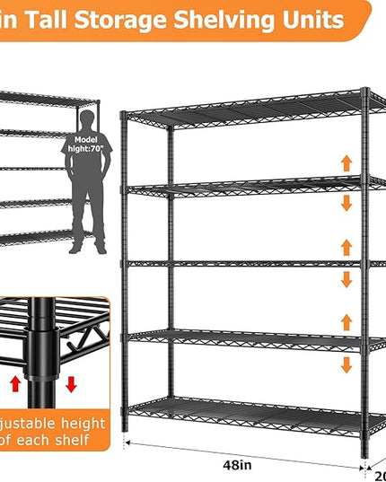 Storage Shelves Heavy Duty, 2 PCS 48" L x 20" W x 72" H Garage Wire Shelving Unit Loads 2000LBS, 5-Tier Adjustable Metal Industrial Utility Shelf Rack for Kitchen, Laundry Room, Warehouse, Basement
