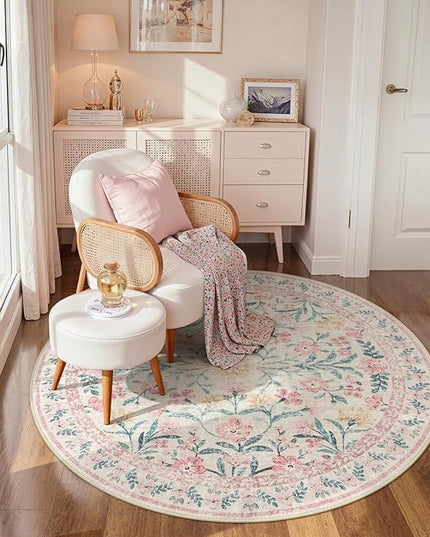 Wonnitar Pink Floral Round Rugs 5ft, Soft Circle Rug Non Slip Washable Round Carpet, Boho Non-Shedding Flower Distressed Circle Carpets for Bedroom Girls Room Nursery