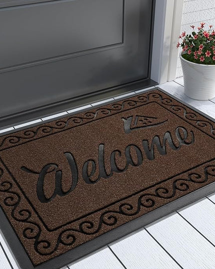 Yimobra Welcome Mat, Heavy Duty Sturdy Door Mats for Home Entrance Outdoor Indoor, Front Doormat for Outside Patio Floor Entry Porch Garage Office, Waterproof, Low Profile, 29.5x17, Coffee