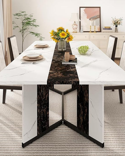 71 inch Dining Table for 4 5 6 | Modern White&Black Rectangular Kitchen Table W/Waterproof Wood Tabletop,Farmhouse Long Dining Room Tables W/Adjustable Legs&Wood Strip Base for Kitchen Living Room