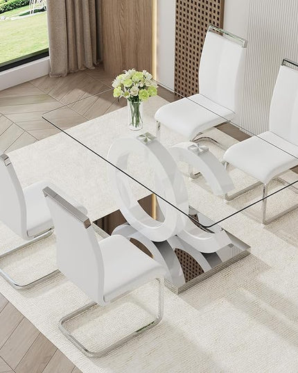 Ebullient Glass Dining Table Set for 4 ，5 Piece Dining Table Set,Tempered Glass Table Top，White Modern Dining Room Table with 4 PU Leather Ergonomic Dining Chairs