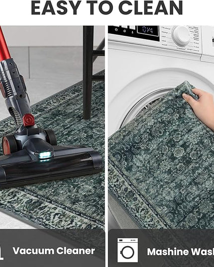 2x6 Washable Runner Rug for Hallways, Dark Green Soft Neutral Vintage Kitchen Rugs with Non-Slip, Non-Shedding Distressed Floral Rug for Bedroom Kitchen Porch Laundry Entryway