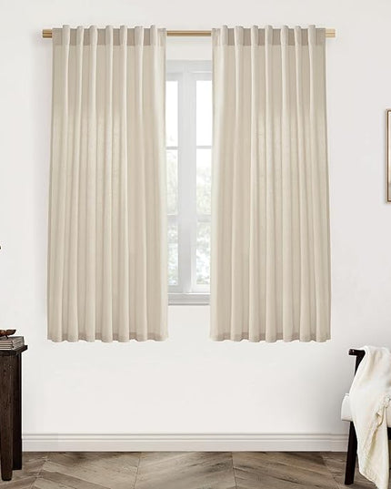 XTMYI 63 Inches Long Beige Country Curtains for Living Room,Sheer Linen Curtains for Bedroom