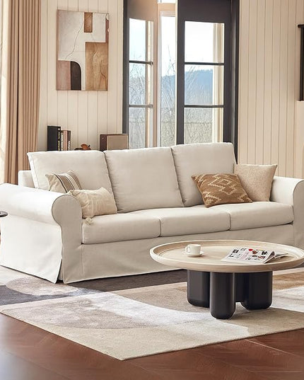 89" 3-Seater Couch, Farmhouse Slipcovered Sofa with Washable Cover, Supportive Cushions & Sturdy Frame, Rolled Arm Beige Couches for Living Room, Small Spaces, Apartment, Office, Easy Assembly