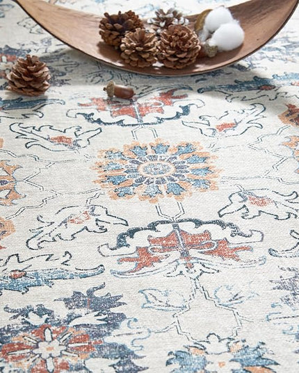 jinchan Round Rug 5ft Area Rug - Washable Boho Vintage Floral Circle 5' Round Floor Cover Lightweight Low Pile Thin Throw Non-Slip Carpet for Kitchen Living Room Bedroom Dining Room Office Grey Multi
