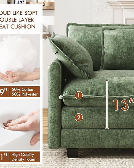 WorthFurni 111.4” Cloud Couch, Modular Sectional Sofa, Comfy Modern 3-Seater Couches with Pillows & Upholstered Deep Seat Cushion for Living Room Apartment Bedroom (Green)