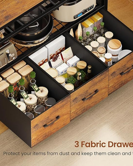 Itaar Bakers Rack with Storage and Power Outlet, 35.4 inch Coffee Bar Cabinet, Microwave Stand Kitchen Cabinet with Hutch, LED Lights, Wine Rack and Hooks, Rustic Brown Rustic Brown