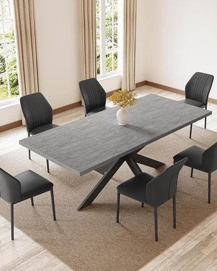 ZckyCine 6-8 People Modern Rectangular Kitchen Dining Table Space-Saving Expandable Dining Table Metal Frame (Gray Table + 6 Black Chairs)