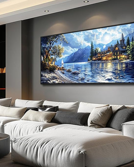 XIGUANGART Coastal Wall Art Blue Ocean Picture Mountain Wall Decor Lake Beside Countryside Large Canvas Print Art for Living Room Bedroom Home Office Forest Scenery Painting Decoration Framed Artwork
