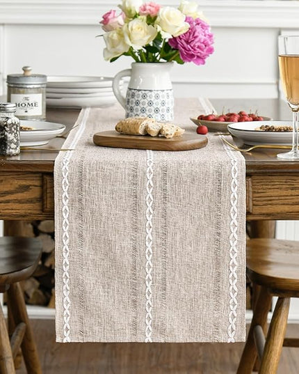 Artoid Mode Brown Rustic Cotton Linen Table Runner, Seasonal Embroidered Hollow Kitchen Dining Table Decoration for Home Party Decor 13x36 Inch