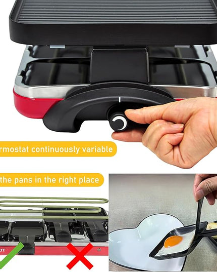 TAMARIT Classic 8 Person Raclette Grill 1500W Electric Tabletop Griddle with Reversible Plate, 8 Non-Stick Cheese Trays and Spatulas Indoor Portable Korean BBQ Barbecue Party Grill Red