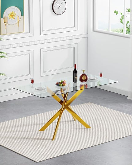 60" Glass Dining Table Set for 6, Modern Dining Room Table Set for 6, Gold X-Shape Pedestal Glass Table with 6pcs Gray Dining Chairs, 7 Piece Dining Set for Dining Living Room