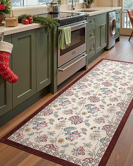 jinchan Elora 3x8 Floral Runner Rug for Hallway Washable Runner Vintage Romance Christmas Design Non Slip Thin Indoor Floor Cover Low-Profile Throw Carpet for Entryway Bathroom Bedroom, Red/Beige