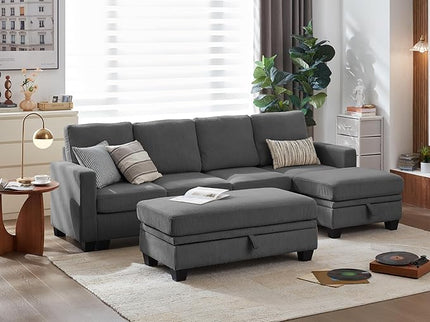 CHIC HOUSE Corduroy Modular Sectional Couch with Ottoman Chaise, L/U Shaped Sleeper Sofa for Living Room, Apartment, Lounge, Modern Armrest Neck Support Furniture (7 Seater Sectional, Dark Grey)