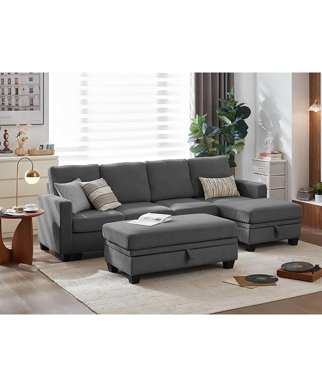 CHIC HOUSE Corduroy Modular Sectional Couch with Ottoman Chaise, L/U Shaped Sleeper Sofa for Living Room, Apartment, Lounge, Modern Armrest Neck Support Furniture (7 Seater Sectional, Dark Grey)