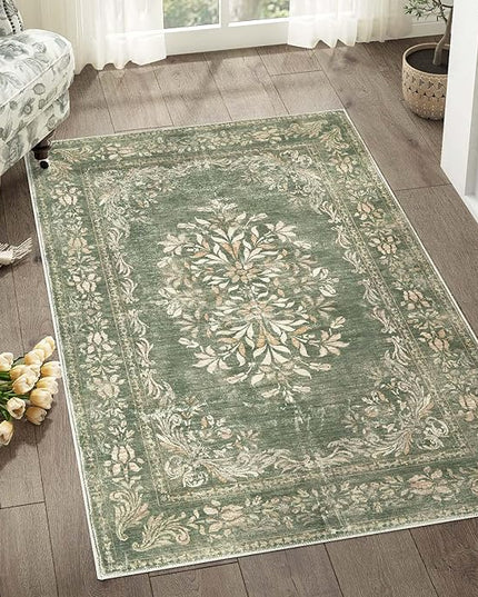 jinchan Green Floral 3x5 Area Rugs for Entryway - Machine Washable Vintage Distressed Design Low-Pile Soft Non-Shedding Christmas Carpet for Kitchen Bedroom Laundry Living Room (3x5ft, Dark Green)