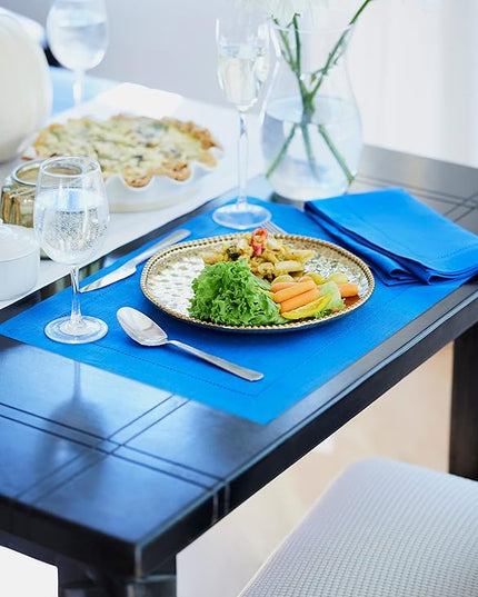 Solino Home Linen Placemats Set of 4 - Classic Hemstitch Royal Blue Placemats 14 x 19 Inch - 100% Pure Linen Table Mats for Holiday, Winter, Christmas, New Year