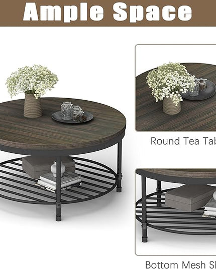 NSdirect 36" Round Coffee Table with Storage Shelf, Dark Grey Brown Vintage Wood Top & Metal Legs - 18.5" Height End Table for Small Spaces (Dark Grey Brown)