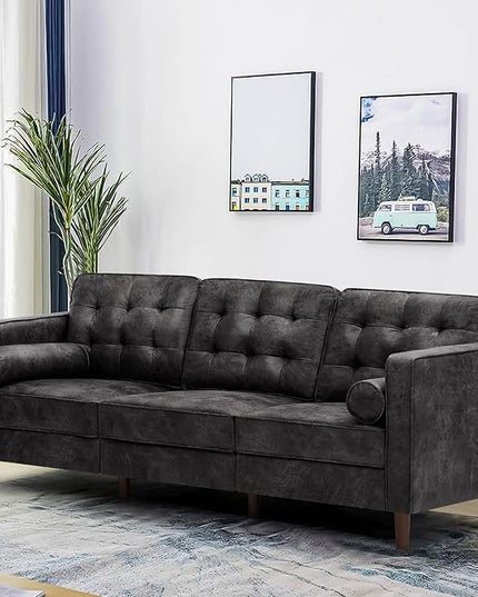 84" Suede Leather 3 Seater Sofa with Two Bolster Pillows, Tufted Sofa with Wooden Legs, Mordern Couch for Living Room, Office, Apartment, Black