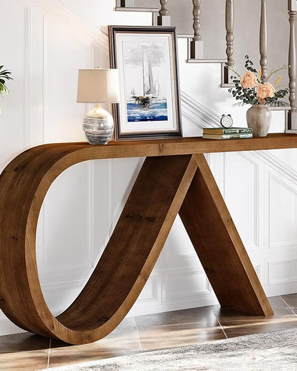 Solid Wood Console Table, 57" Curved Entryway Table, Narrpw Long Sofa Table Behind Couch, Farmhouse Accent Tables for Hallway, Entrance, Foyer, Living Room, Walnut Brown