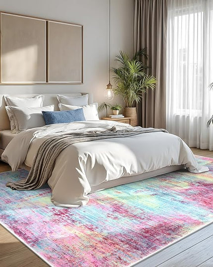 IOHOUZE Abstract Area Rugs 8x10 Ft Washable Large Rugs for Living Room, Non Slip Dining Room Rug, Printed Faux Wool Rugs for Bedroom, Floor Carpet for Office Nursery Playroom, Pink Teal