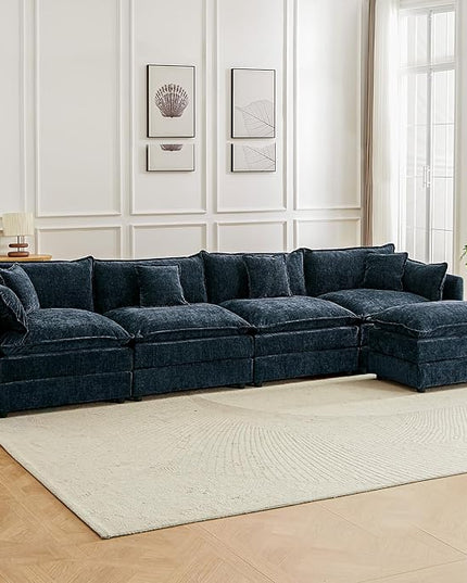 Modular Sectional Sofa, 147.2 Inch L Shaped Couch Set with Armrests, 4-Seater Comfy Cloud Couches with Movable Ottoman for Living Room Apartment, Blue