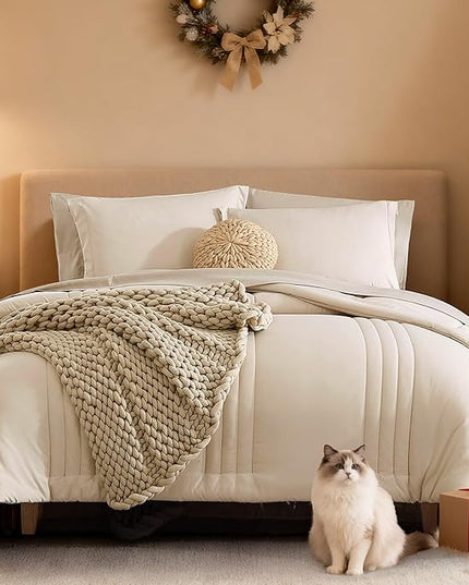 Monbix Full Size Comforter Set - 7 Pieces Beige Bed in a Bag Full Size Bedding Sets with Comforters, All Seasons Comforter with Sheets,Pillowcases & Shams