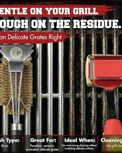 KITCHEN PERFECTION Brass GrillSaver - Safe BBQ Grill Brush with Replaceable Cleaning Head -Heavy-Duty Grill Cleaner w/Scraper for Porcelain & Ceramic Grates, Includes Magnetic Hanger & Bottle Opener