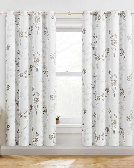 Beauoop Floral 100% Blackout Curtains 72 Inches Long 2 Panels for Bedroom Living Room Tan Brown and White Flower Patterned Room Darkening Thermal Soundproof Grommet Window Treatments Drapes, 52X72
