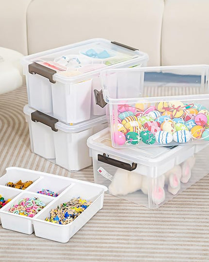Citylife 17 QT Plastic Storage Box with Removable Tray and 6 Detachable Tall Inserts Craft Organizers and Storage Clear Storage Container for Organizing Crayon, Craft, Sewing, Playdoh, 4 Packs