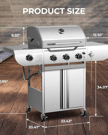 3-Burner Propane Gas Grill with Side Burner – 34,000 BTU Stainless Steel Outdoor BBQ Grill, Cast Iron Grates, Portable with Wheels for Patio, Camping