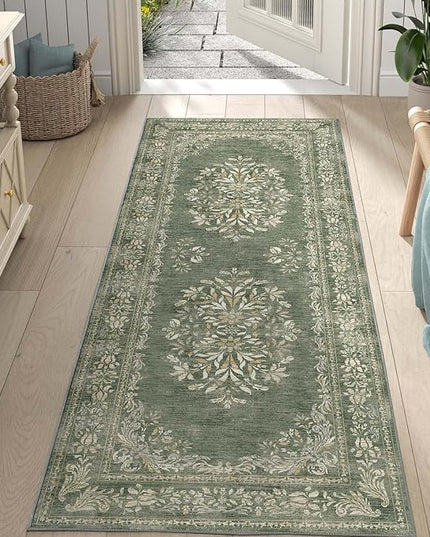 jinchan Vintage Floral Runner Rug 2x6 - Machine Washable Distressed Design Non-Slip Low-Pile Soft Thin Christmas Carpet for Hallway Kitchen Farmhouse Bedroom Entryway Laundry Room (2x6ft, Dark Green)