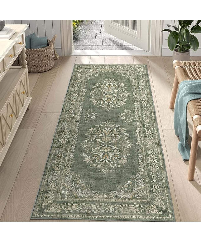 jinchan Vintage Floral Runner Rug 2x6 - Machine Washable Distressed Design Non-Slip Low-Pile Soft Thin Christmas Carpet for Hallway Kitchen Farmhouse Bedroom Entryway Laundry Room (2x6ft, Dark Green)