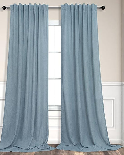 Blue Curtains 108 Inches Long For Living Room Dining 2 Panels Set Back Tab Pocket Farmhouse Linen Semi Sheer Blue Light Filtering Curtains for Bedroom Patio High Ceiling Balcony 9 FT Tall Stone Blue