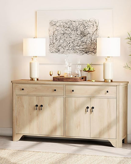 WAMPAT Buffet Cabinet with 4 Doors and 2 Drawers, 59" W Farmhouse Sideboard Cabinet with Storage, Wood Kitchen Storage Cabinets Coffee Bar Table for Dining Room & Living Room, Oak