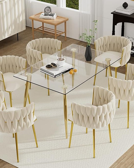 Gold Glass Dining Room Table Set for 6, 51'' Modern Luxury Rectangular Dinner Table Set, 7 Pieces Clear Glass Top Minimalist Kitchen Table Set, Ivory Woven Dining Chair for Home Small Place
