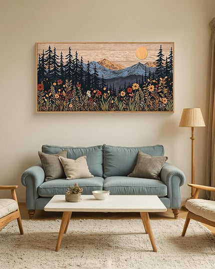 Houria Mid Century Woodland Mountain Framed Canvas Wall Art Set,Vintage Natural Sunset Wildflower Forest Field Decor,Wilderness Boho Floral Pine Tree Landscape Artwork for Living Room,Office-20"x40"x1