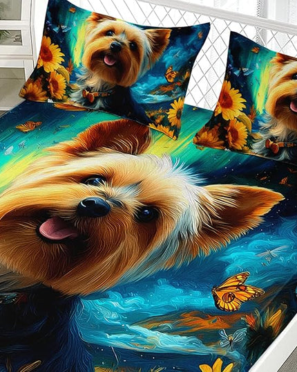 AILONEN Cute Puppy Sheet Set Twin XL Size for Kids Girls Boys,Kawaii Dog with Sunflower Bedding Set,Bohemian Butterflies Starry Night Bed Sheets,Super Soft Microfiber,1 Fitted Sheet and 2 Pillowcases