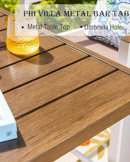 PHI VILLA Outdoor Bar Table, High Patio Table with Umbrella Hole, White Legs, Metal Frame, Sturdy & Durable for Outdoor & Indoor