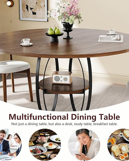 Round Dining Table for 4-6, 3-Tier Dinner Room Tables with Storage Shelf, Space Saving Small Kitchen Table, Farmhouse Dinner Table with Wooden Tabletop and Hexagonal Base (Walnut, 47inch)