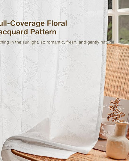 Anmao White Semi Sheer Light Filtering Curtains 102 Inches Long 2 Panels, Branch Pattern Drapes for Living Room Bedroom, Rod Pocket Sheer Window Treatments with Floral Design, 52x102 Inch