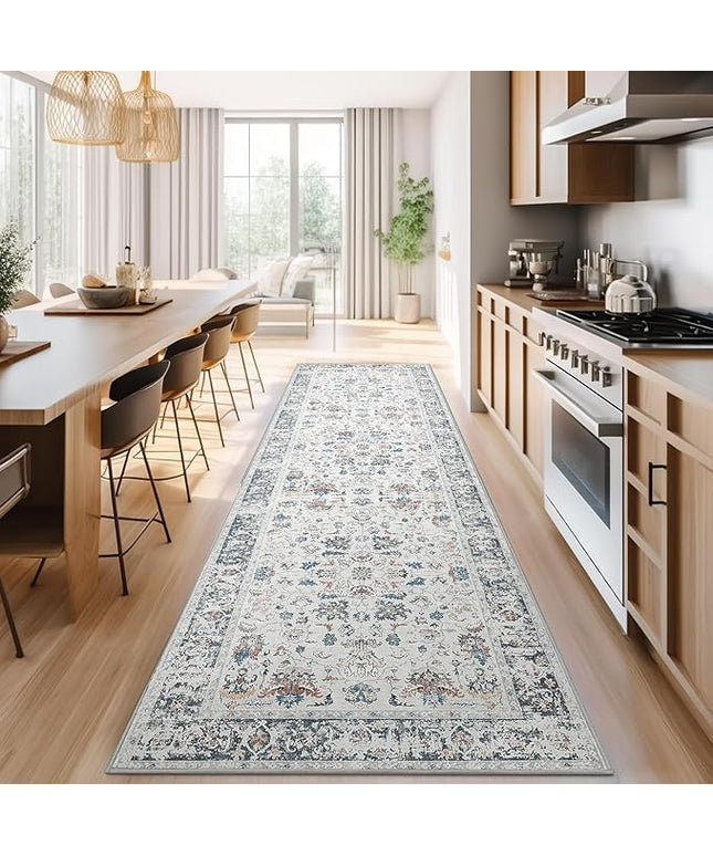 jinchan Hallway Runner Rug 3x8 - Vintage Kitchen Rug Washable Runner Floral Boho Floor Cover Lightweight Non Slip Thin Retro Distressed Carpet for Bathroom Laundry Room Bedroom Stairway Grey Multi