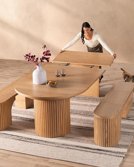 Transformer Table - Solid Wood Extendable Round Dining Table Set with 2 Benches, Seats 4-10, Extendable Round Dining Set, Bench with Panel Storage, Scandinavian Oak, Natural Finish (Table + 2 Benches)