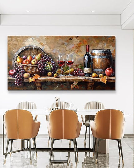 XIGUANGART Red Wine Glass Wall Art Grape Barrel Painting Kitchen Artwork Prints for Dinning Room Bar Large Canvas Wall Decor for Living Room Office Fruit Still Life Picture Modern Home Decoration