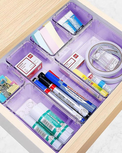 25 PCS Drawer Organizer Set, 4 Varied Size Bathroom and kitchen Drawer cabinet organizer Trays, Clear Storage Bins for Makeup, Jewelry, Utensils and Gadgets， Purple